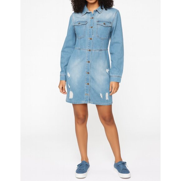 FashionNova Distressed Denim Shirt Dress with Open Back – Size Large - Picture 3 of 4